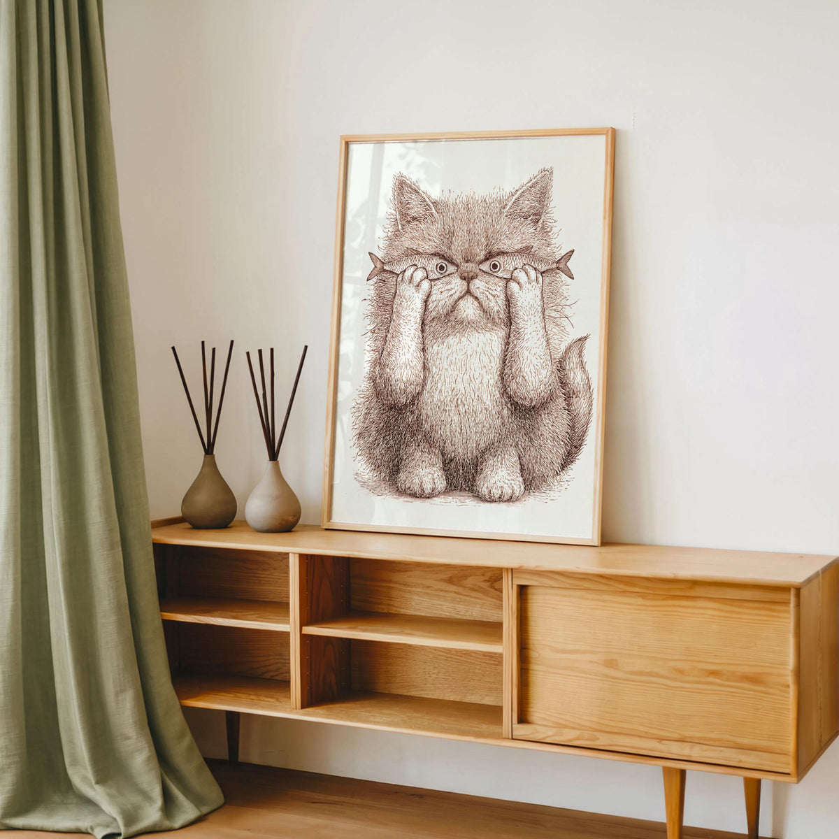 Whimsical Cat Art, Funny Cat with Fish Print, Playful Wall Decor, Weird Medieval Cat Poster, Quirky Animal Illustration