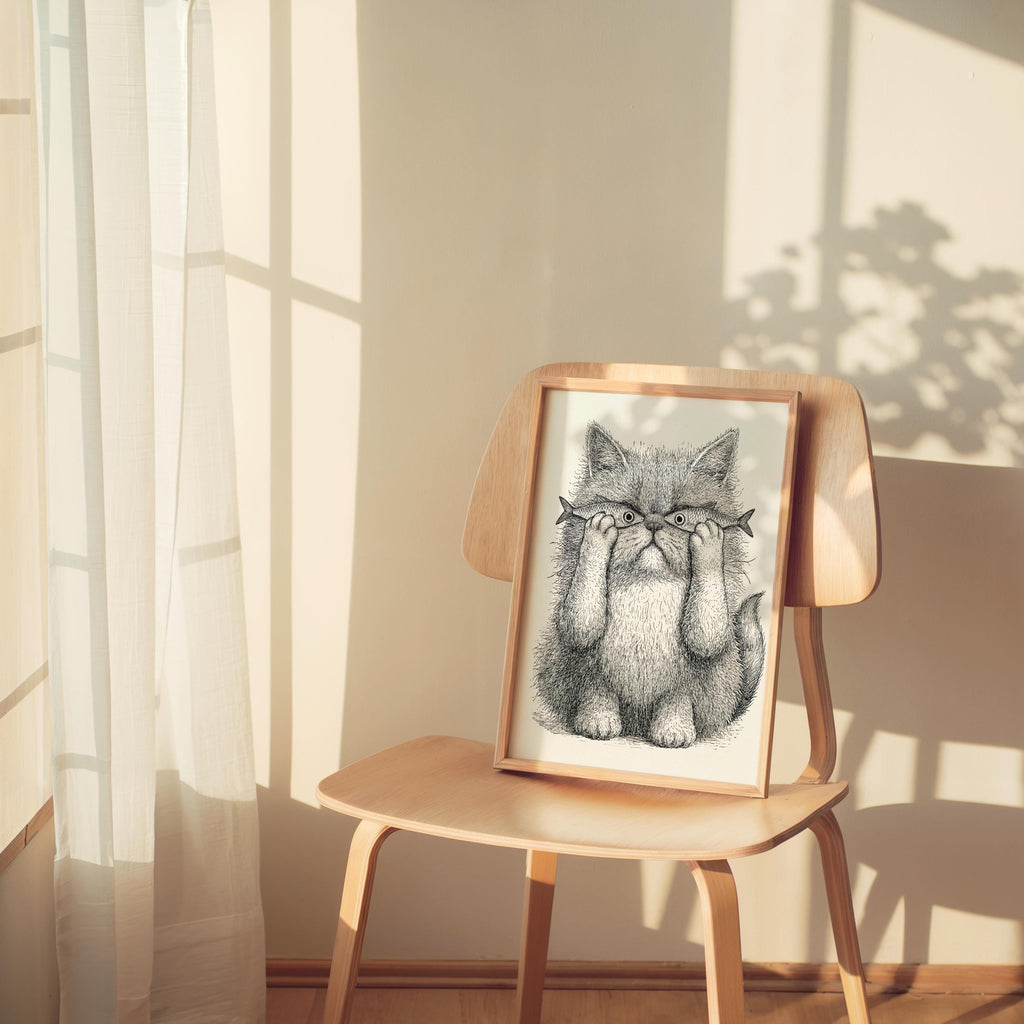 Whimsical Cat Art, Funny Cat with Fish Print, Playful Wall Decor, Weird Medieval Cat Poster, Quirky Animal Illustration