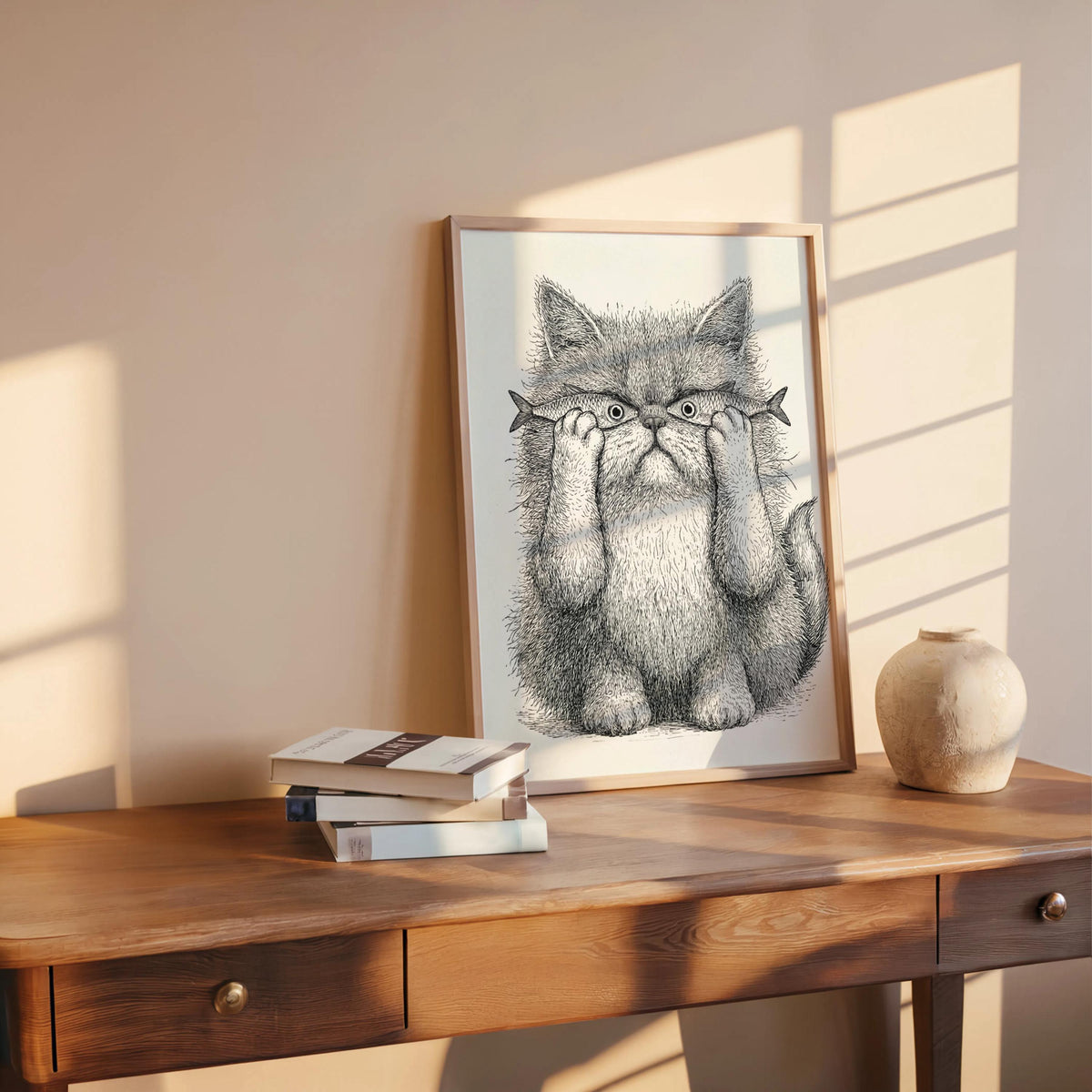 Whimsical Cat Art, Funny Cat with Fish Print, Playful Wall Decor, Weird Medieval Cat Poster, Quirky Animal Illustration