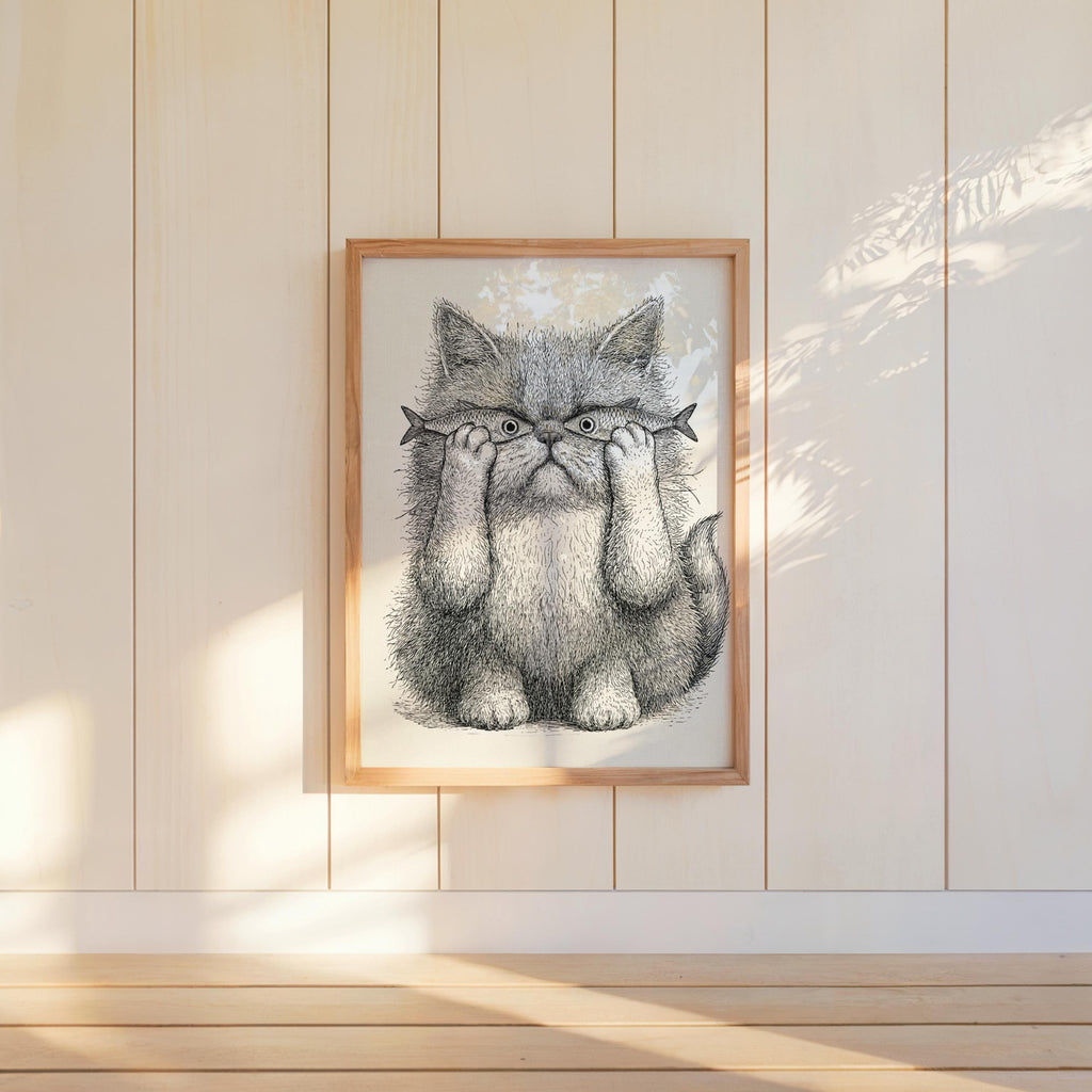 Whimsical Cat Art, Funny Cat with Fish Print, Playful Wall Decor, Weird Medieval Cat Poster, Quirky Animal Illustration