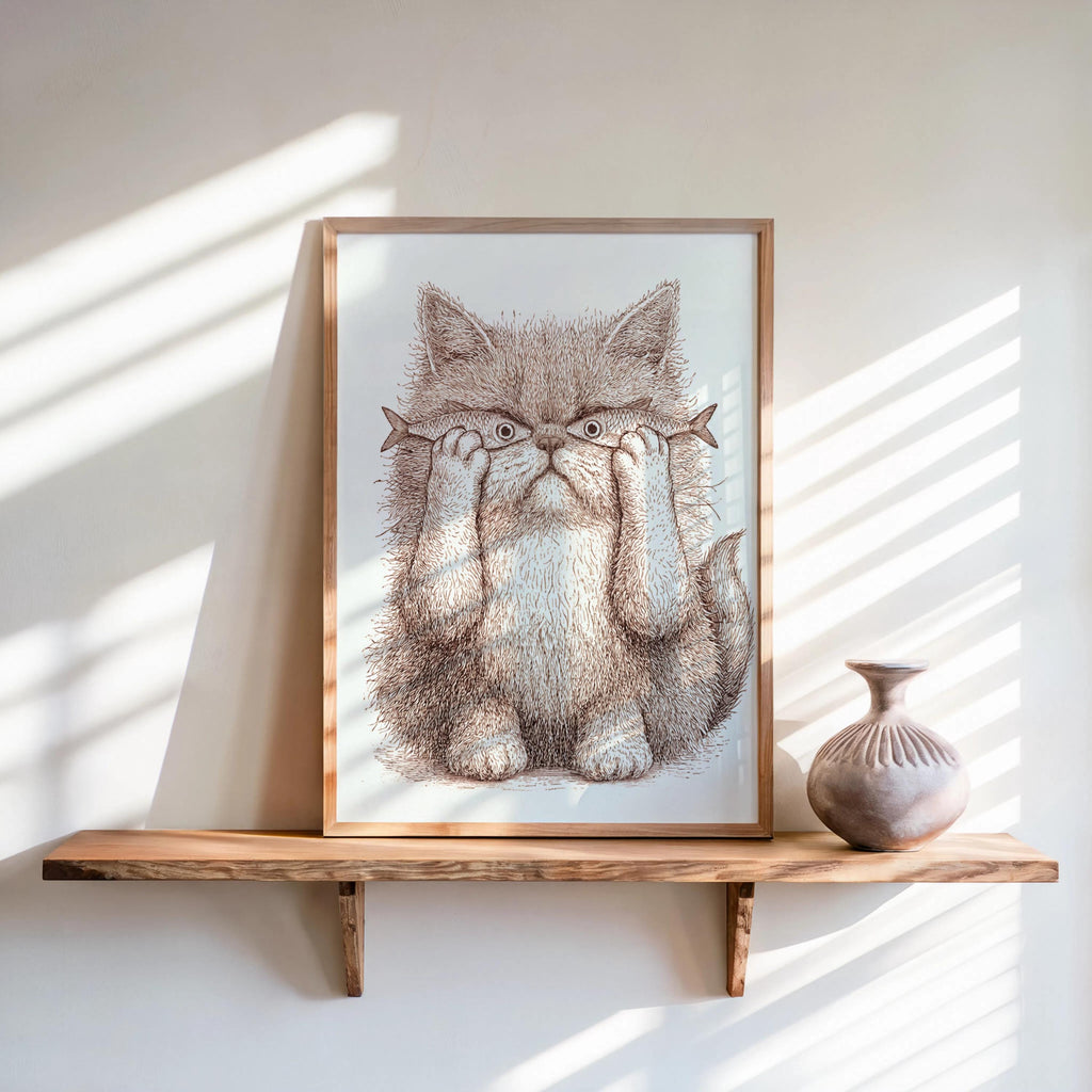 Whimsical Cat Art, Funny Cat with Fish Print, Playful Wall Decor, Weird Medieval Cat Poster, Quirky Animal Illustration