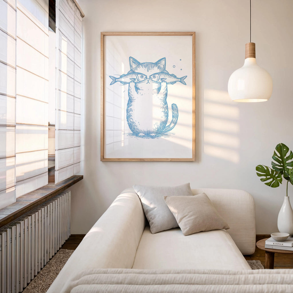 Funny Cat Fish Print, Playful Pet Poster, Retro Animal Illustration, Pastel Line Art