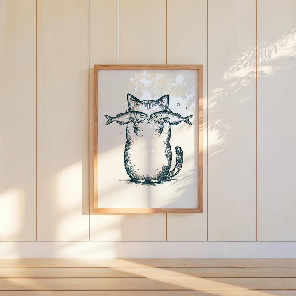 Funny Cat Fish Print, Playful Pet Poster, Retro Animal Illustration, Pastel Line Art