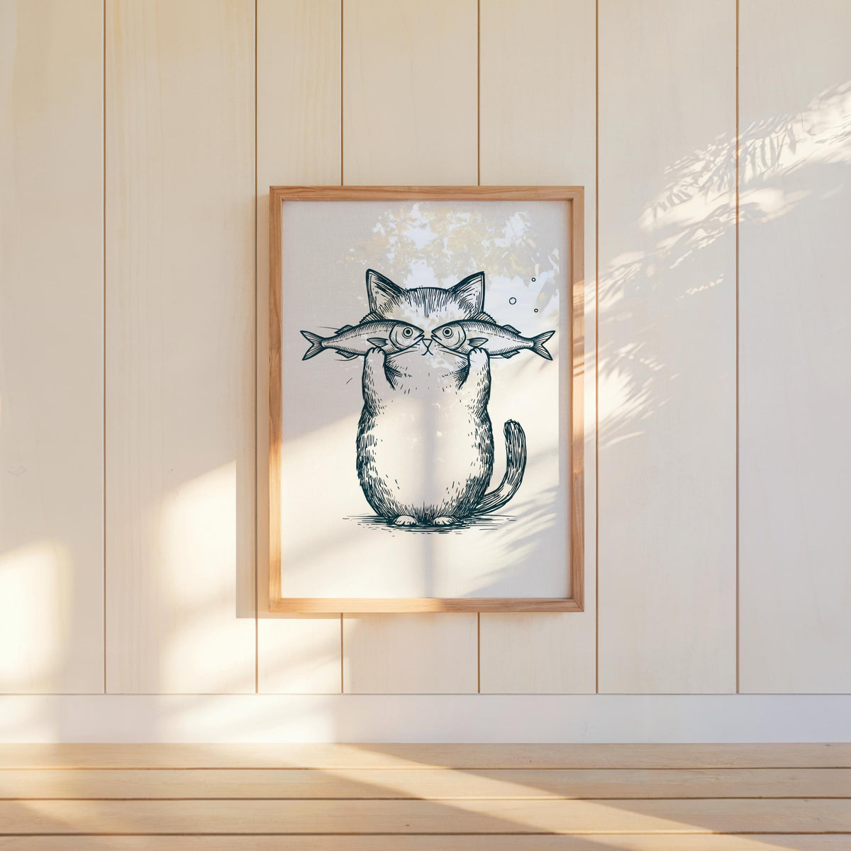 Funny Cat Fish Print, Playful Pet Poster, Retro Animal Illustration, Pastel Line Art