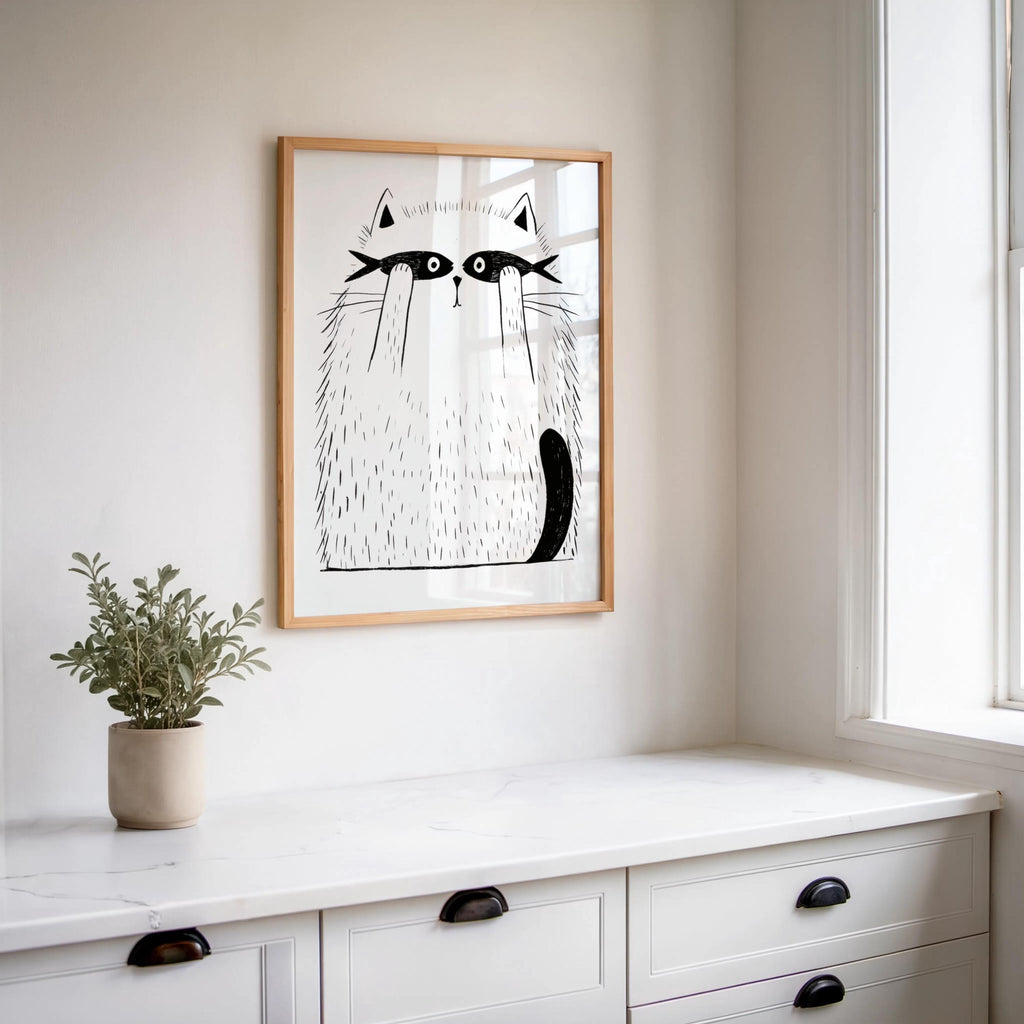 Funny Cat Print, Cat with Fish Wall Art, Minimalist Line Art Poster, Whimsical Pet Illustration, Playful Bedroom Canvas, Kids Nursery Gift