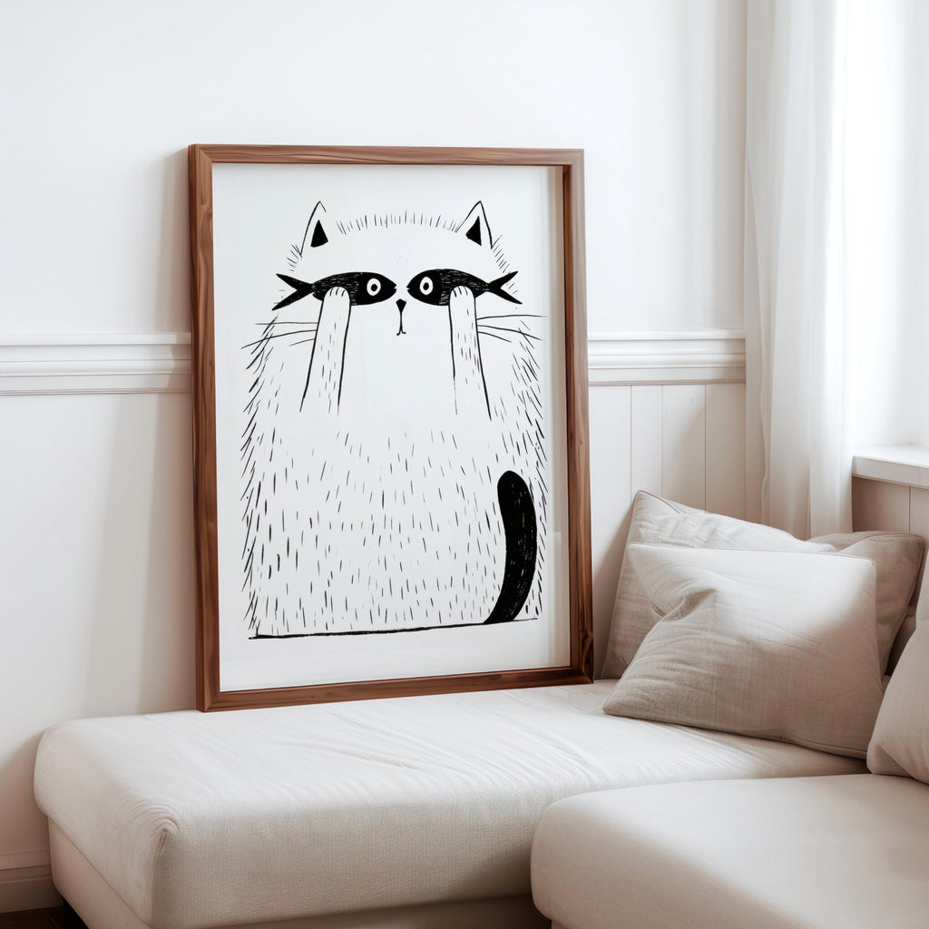 Funny Cat Print, Cat with Fish Wall Art, Minimalist Line Art Poster, Whimsical Pet Illustration, Playful Bedroom Canvas, Kids Nursery Gift