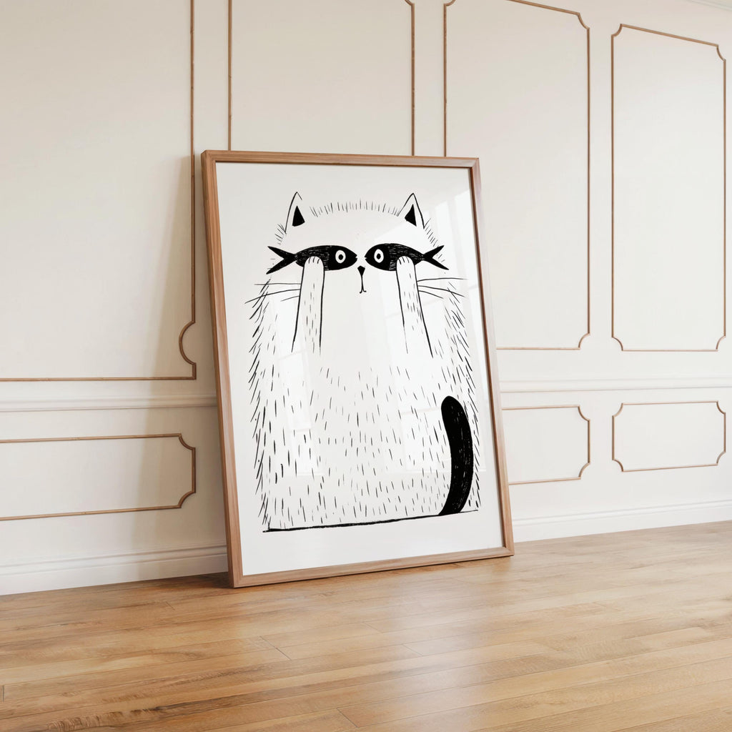 Funny Cat Print, Cat with Fish Wall Art, Minimalist Line Art Poster, Whimsical Pet Illustration, Playful Bedroom Canvas, Kids Nursery Gift