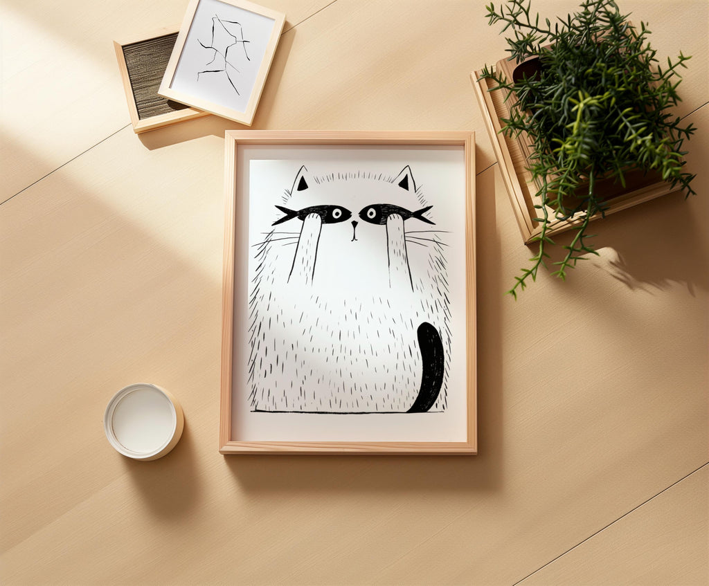 Funny Cat Print, Cat with Fish Wall Art, Minimalist Line Art Poster, Whimsical Pet Illustration, Playful Bedroom Canvas, Kids Nursery Gift