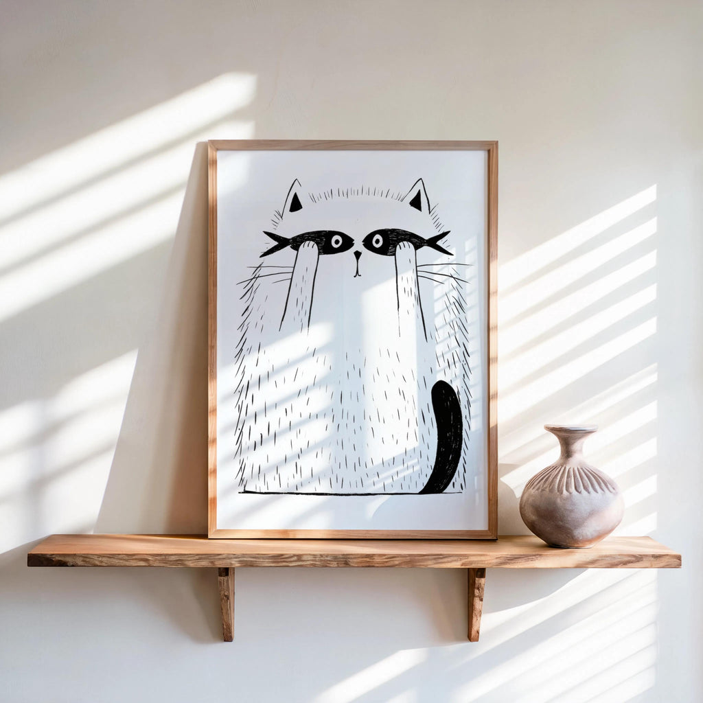 Funny Cat Print, Cat with Fish Wall Art, Minimalist Line Art Poster, Whimsical Pet Illustration, Playful Bedroom Canvas, Kids Nursery Gift
