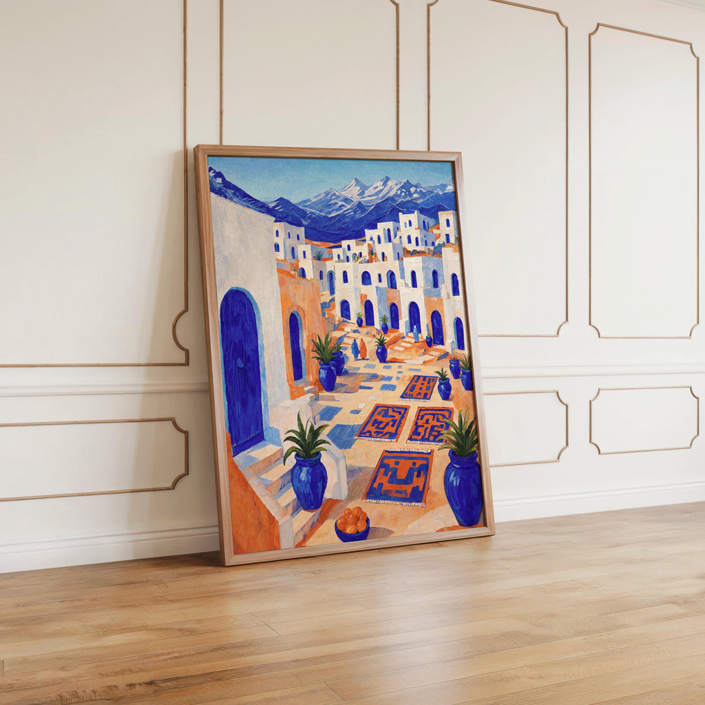 Mediterranean Moroccan Market Print, Mid Century Street Scene Painting, Orange & Blue Folk Art, Arab Middle Eastern Medina Travel Poster