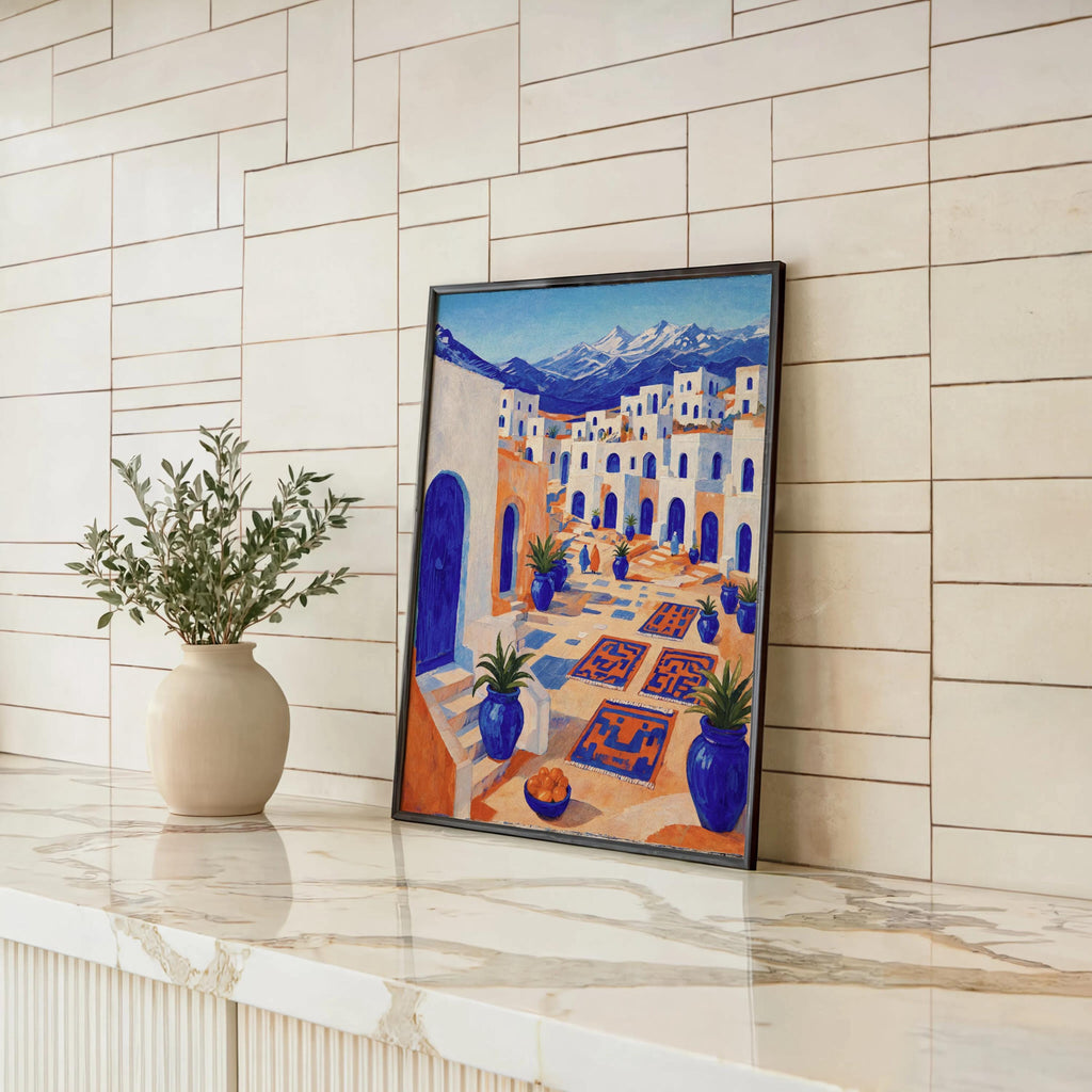 Mediterranean Moroccan Market Print, Mid Century Street Scene Painting, Orange & Blue Folk Art, Arab Middle Eastern Medina Travel Poster