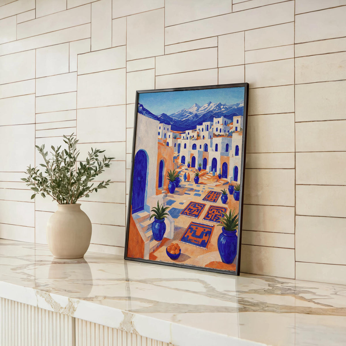 Mediterranean Moroccan Market Print, Mid Century Street Scene Painting, Orange & Blue Folk Art, Arab Middle Eastern Medina Travel Poster