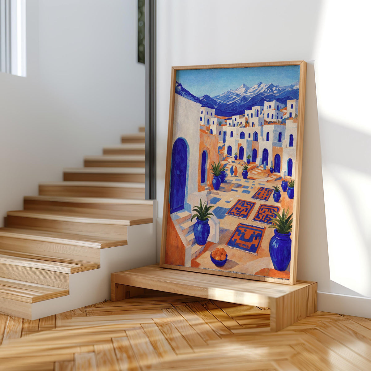 Mediterranean Moroccan Market Print, Mid Century Street Scene Painting, Orange & Blue Folk Art, Arab Middle Eastern Medina Travel Poster