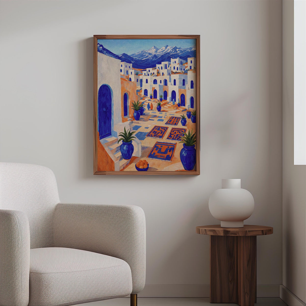 Mediterranean Moroccan Market Print, Mid Century Street Scene Painting, Orange & Blue Folk Art, Arab Middle Eastern Medina Travel Poster