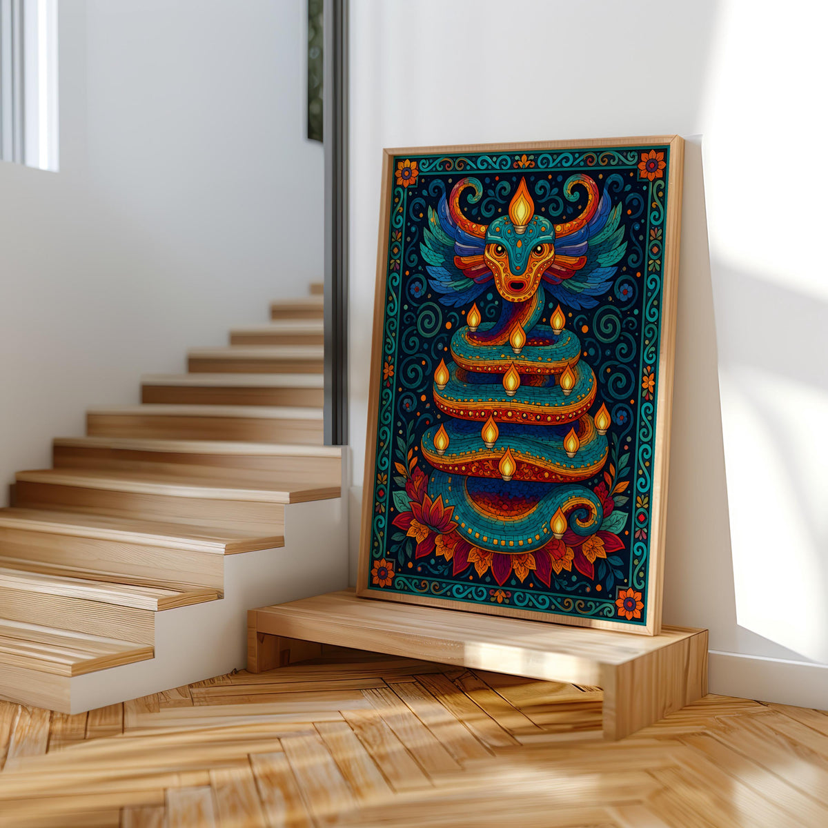 Colorful Quetzalcoatl Alebrije Folk Art Print - Oaxacan Feathered Serpent, Vibrant Mexican Aztec Mythology Wall Decor, Printed Boho Poster