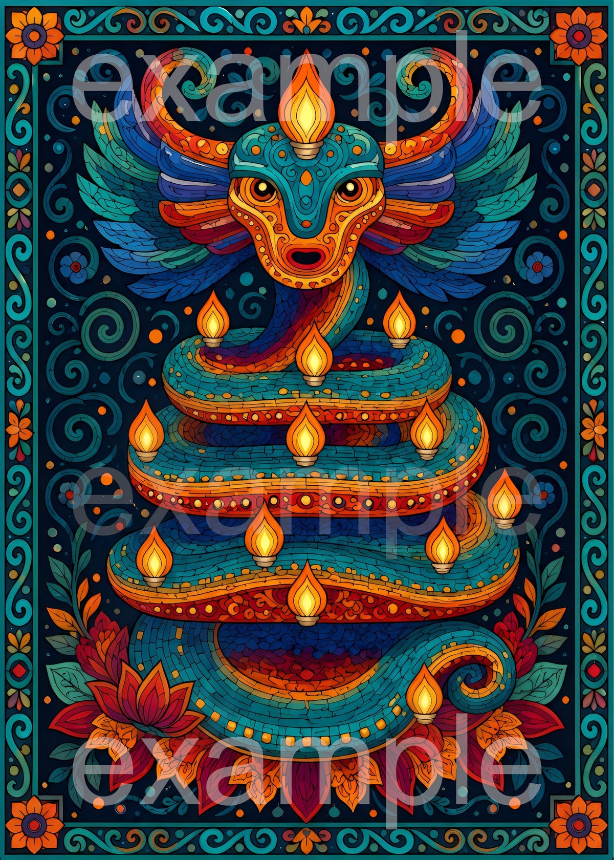Colorful Quetzalcoatl Alebrije Folk Art Print - Oaxacan Feathered Serpent, Vibrant Mexican Aztec Mythology Wall Decor, Printed Boho Poster