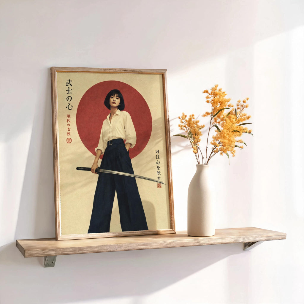 Tokyo Retro Futurism Wall Art, Vintage Japanese Poster, Asian Girl Feminist Print, Modern Samurai Art, Kanji Katana Cinematic Decor For Him