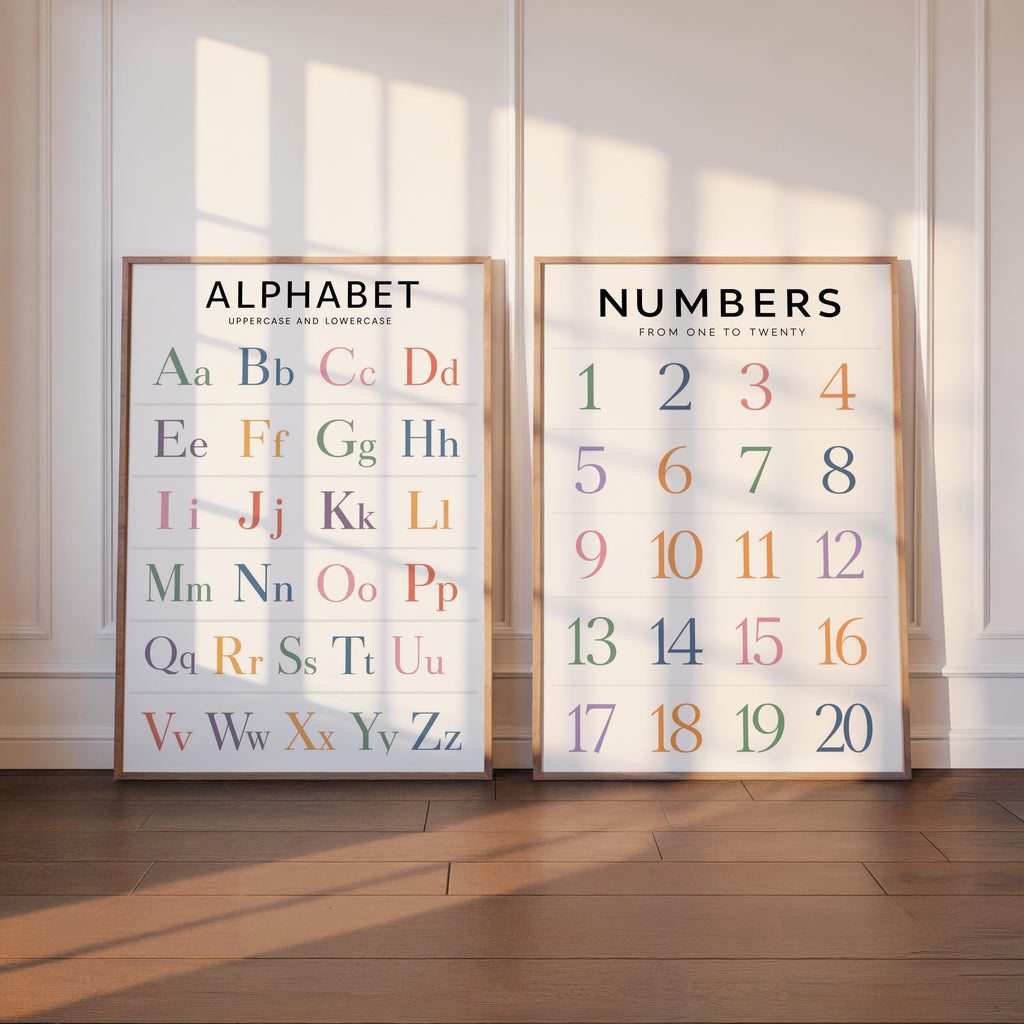 Alphabet & Number Chart, Rainbow Set of 2, Educational Wall Art, Homeschool ABC 123 Decor, Prescool Kids Room Print, Classroom Illustration