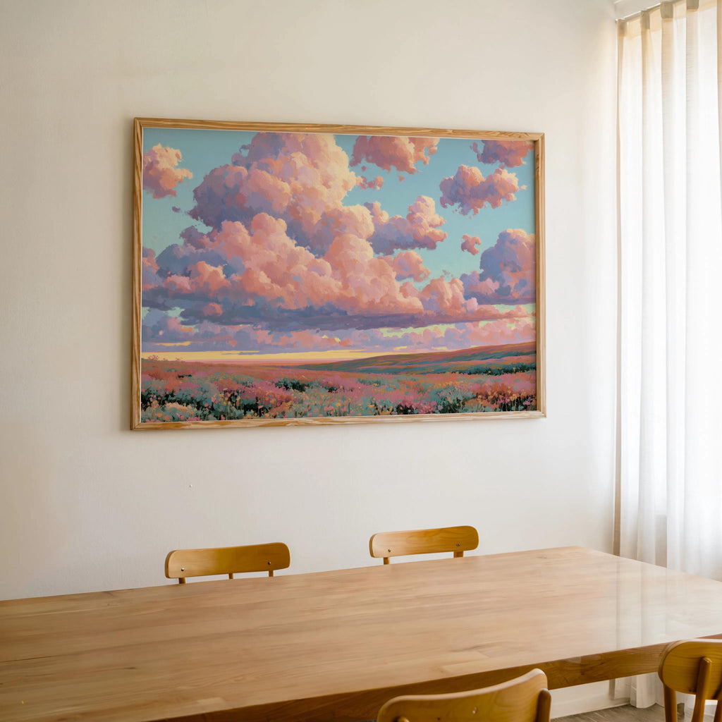Dreamy Pastel Landscape Painting, Fluffy Pink Clouds & Flowers Wall Art, Impressionist Wildflower Meadow Poster, Whimsical Floral Decor