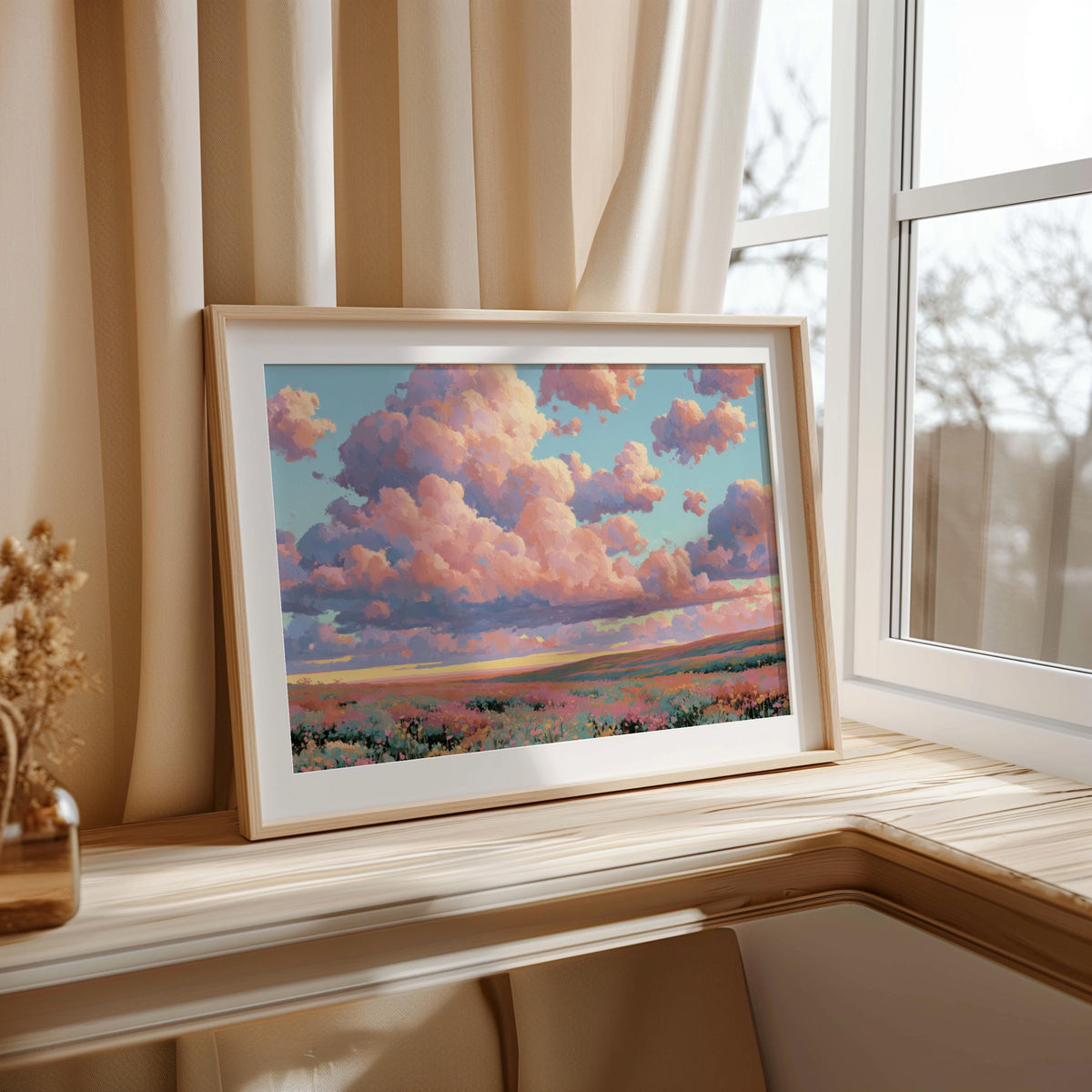 Dreamy Pastel Landscape Painting, Fluffy Pink Clouds & Flowers Wall Art, Impressionist Wildflower Meadow Poster, Whimsical Floral Decor