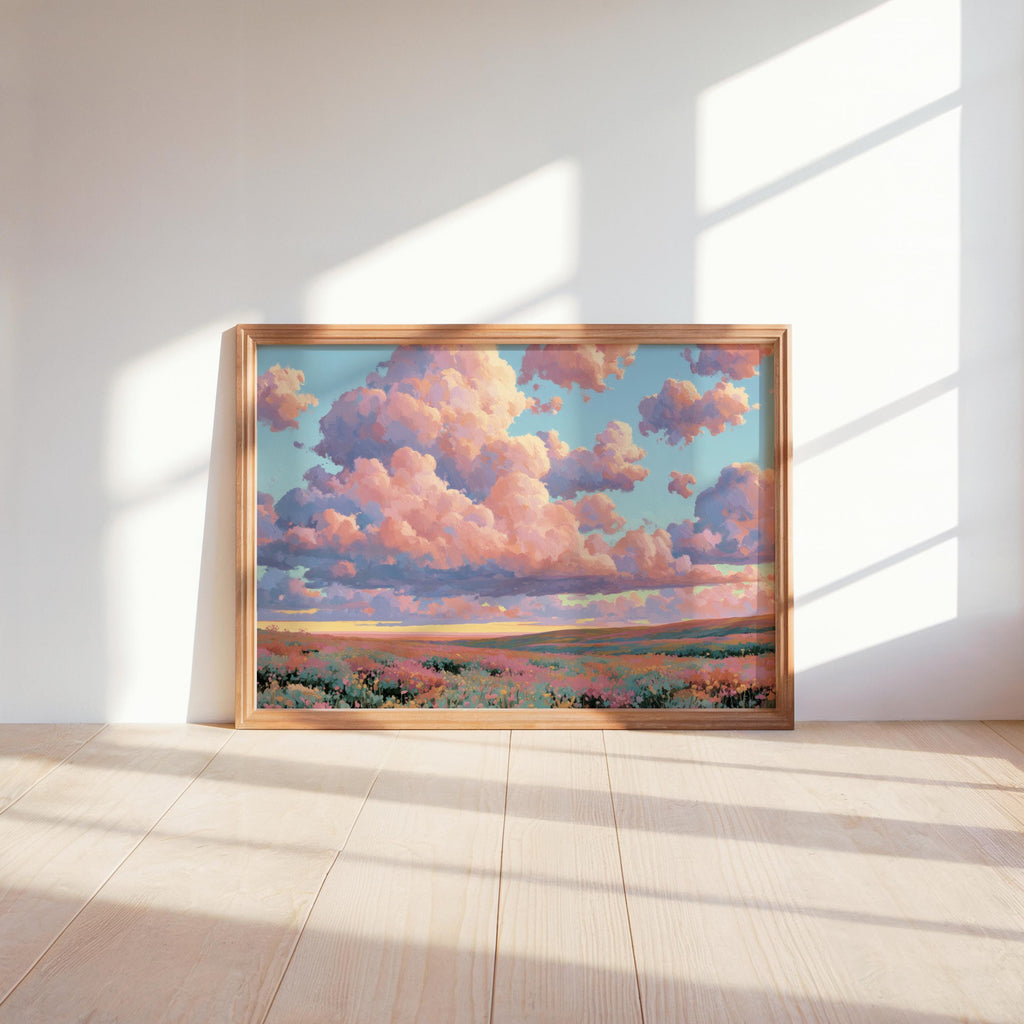 Dreamy Pastel Landscape Painting, Fluffy Pink Clouds & Flowers Wall Art, Impressionist Wildflower Meadow Poster, Whimsical Floral Decor