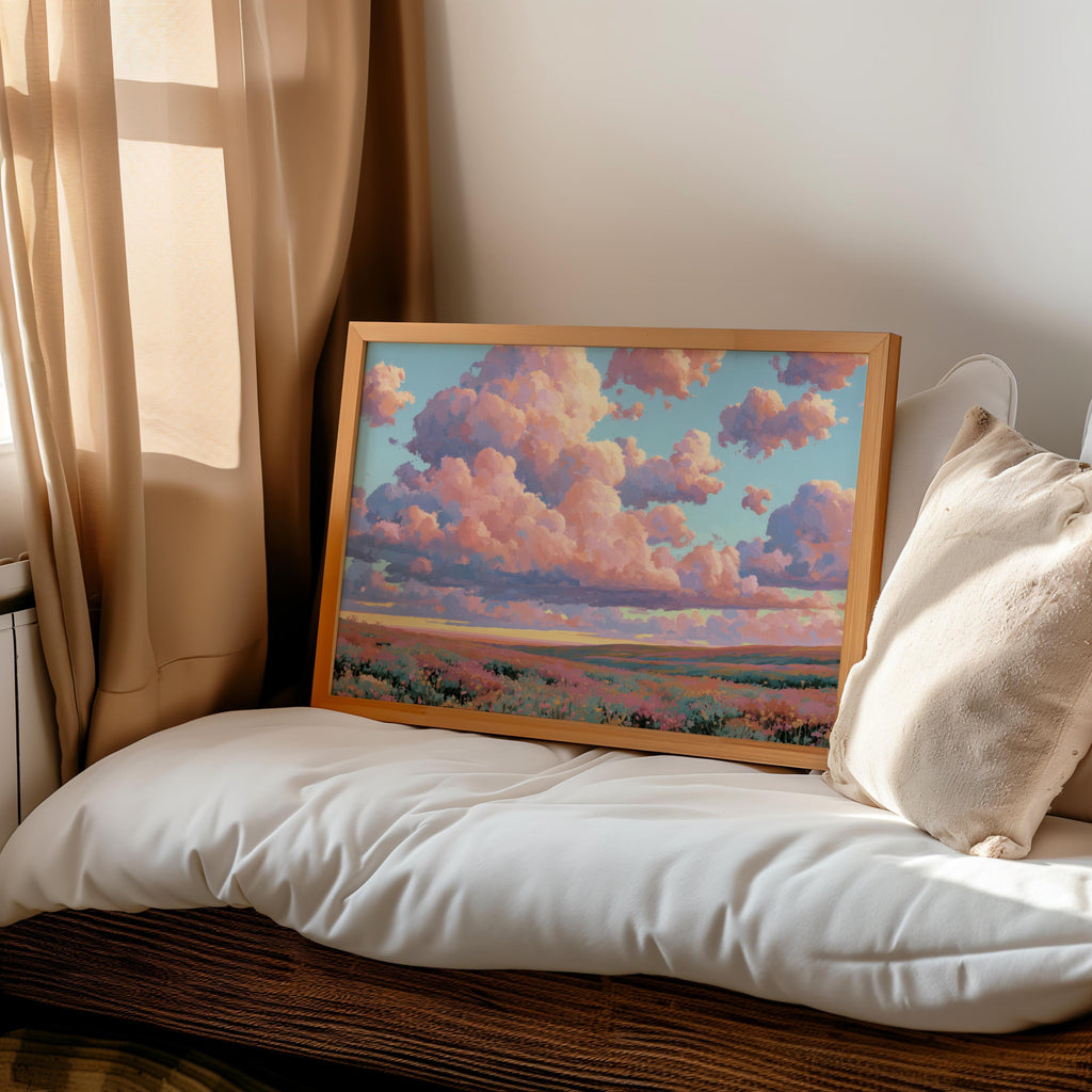 Dreamy Pastel Landscape Painting, Fluffy Pink Clouds & Flowers Wall Art, Impressionist Wildflower Meadow Poster, Whimsical Floral Decor
