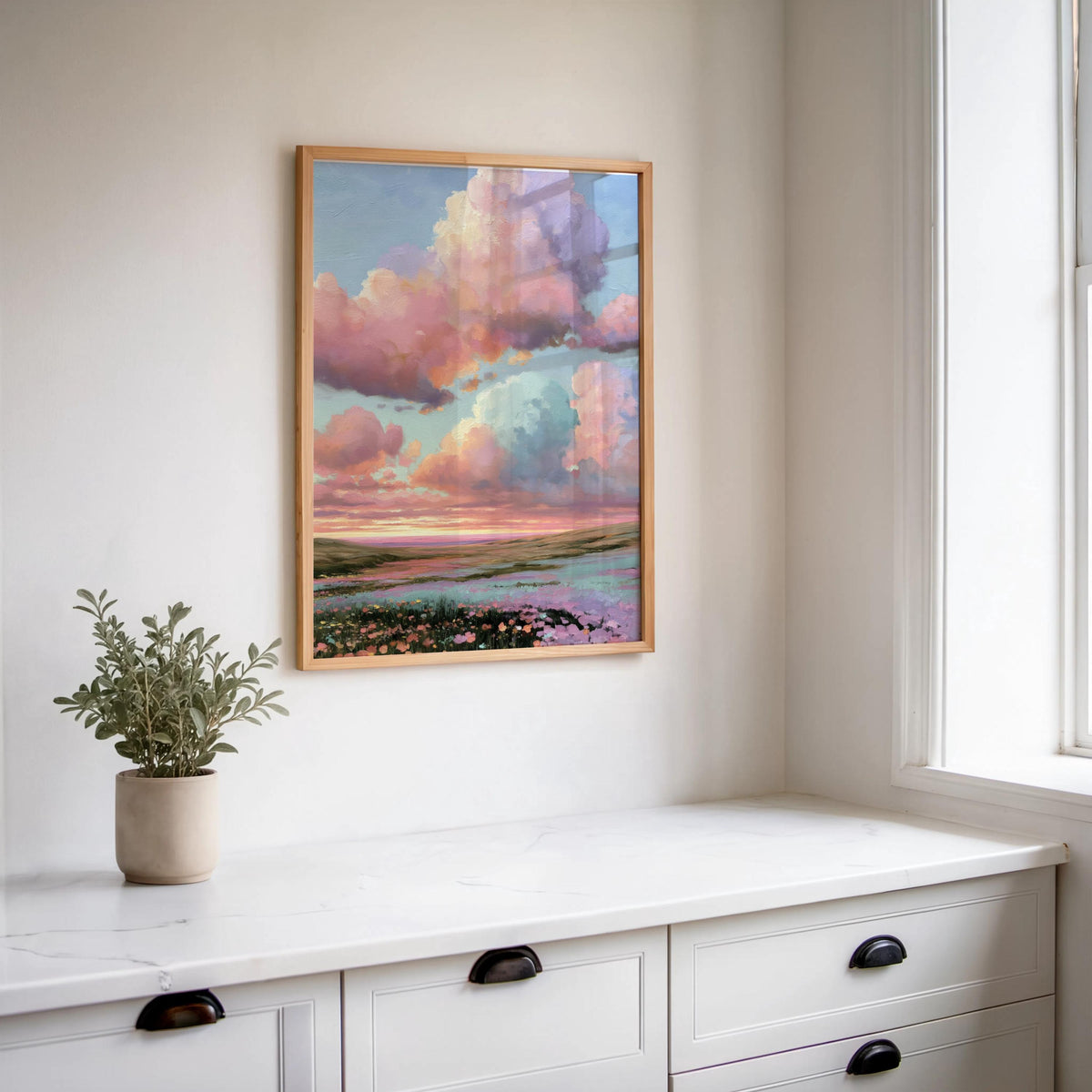Dreamy Pastel Sky & Wildflower Meadow Wall Art, Romantic Floral Cottagecore Print, Impressionist Flower Landscape, Pink Purple Sky Painting