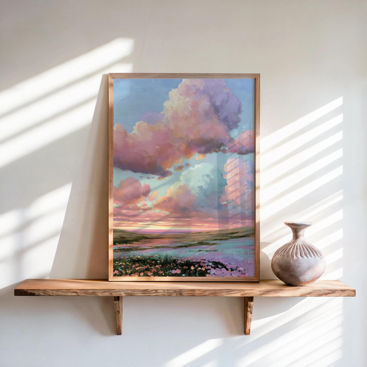 Dreamy Pastel Sky & Wildflower Meadow Wall Art, Romantic Floral Cottagecore Print, Impressionist Flower Landscape, Pink Purple Sky Painting