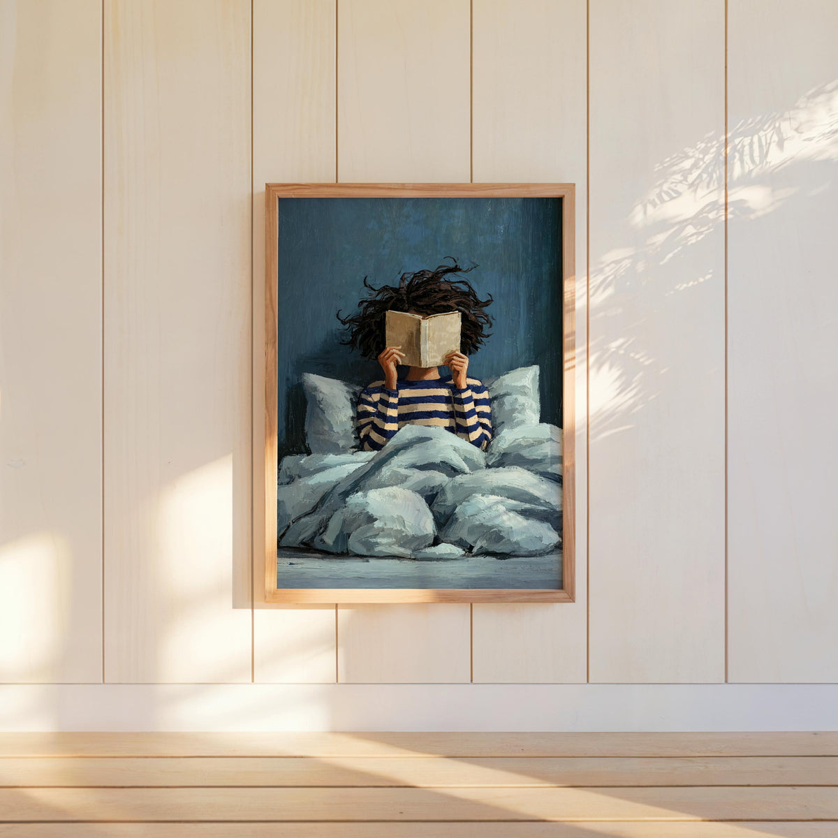 Girl Reading Book Print, Bookish Library Decor, Bold Striped Woman Wall Art, Bookworm Bedroom Illustration, Book Lover Naive Folk Art