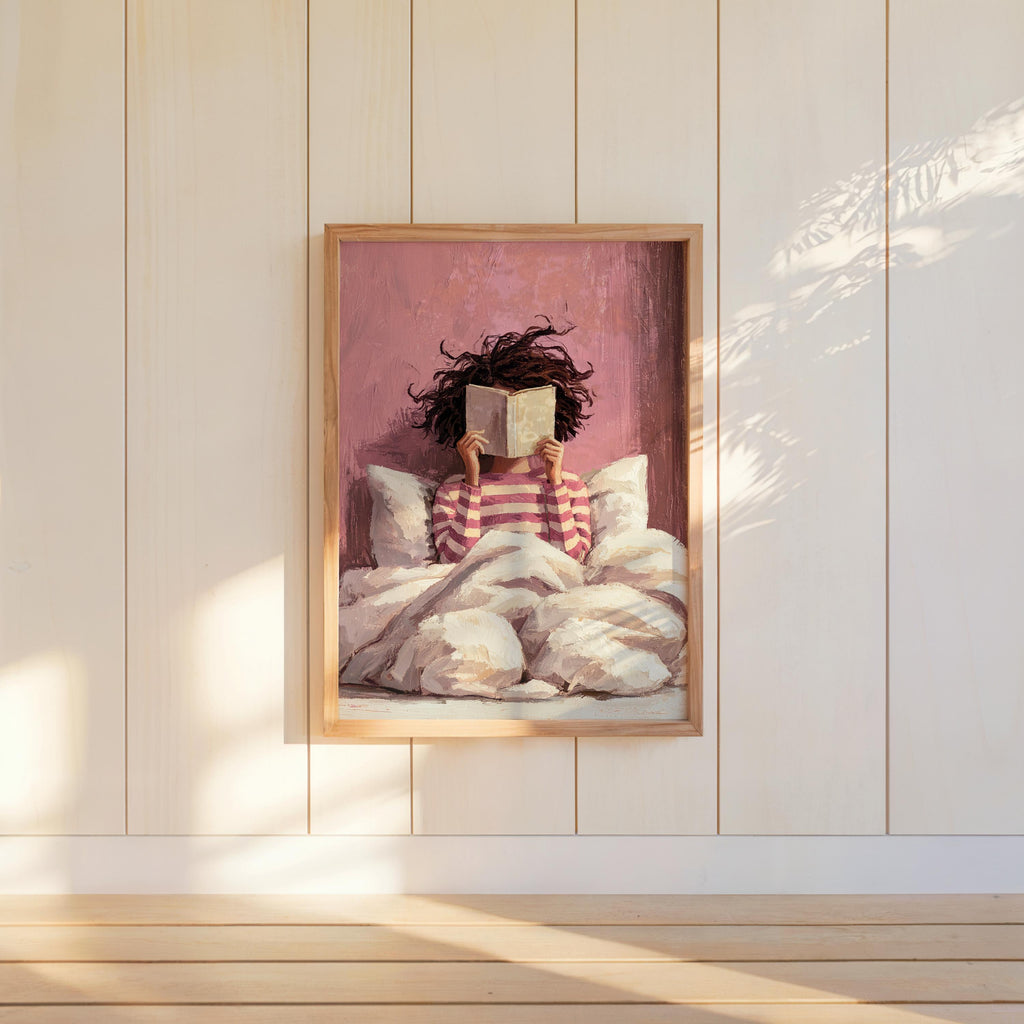 Girl Reading Book Print, Bookish Library Decor, Bold Striped Woman Wall Art, Bookworm Bedroom Illustration, Book Lover Naive Folk Art
