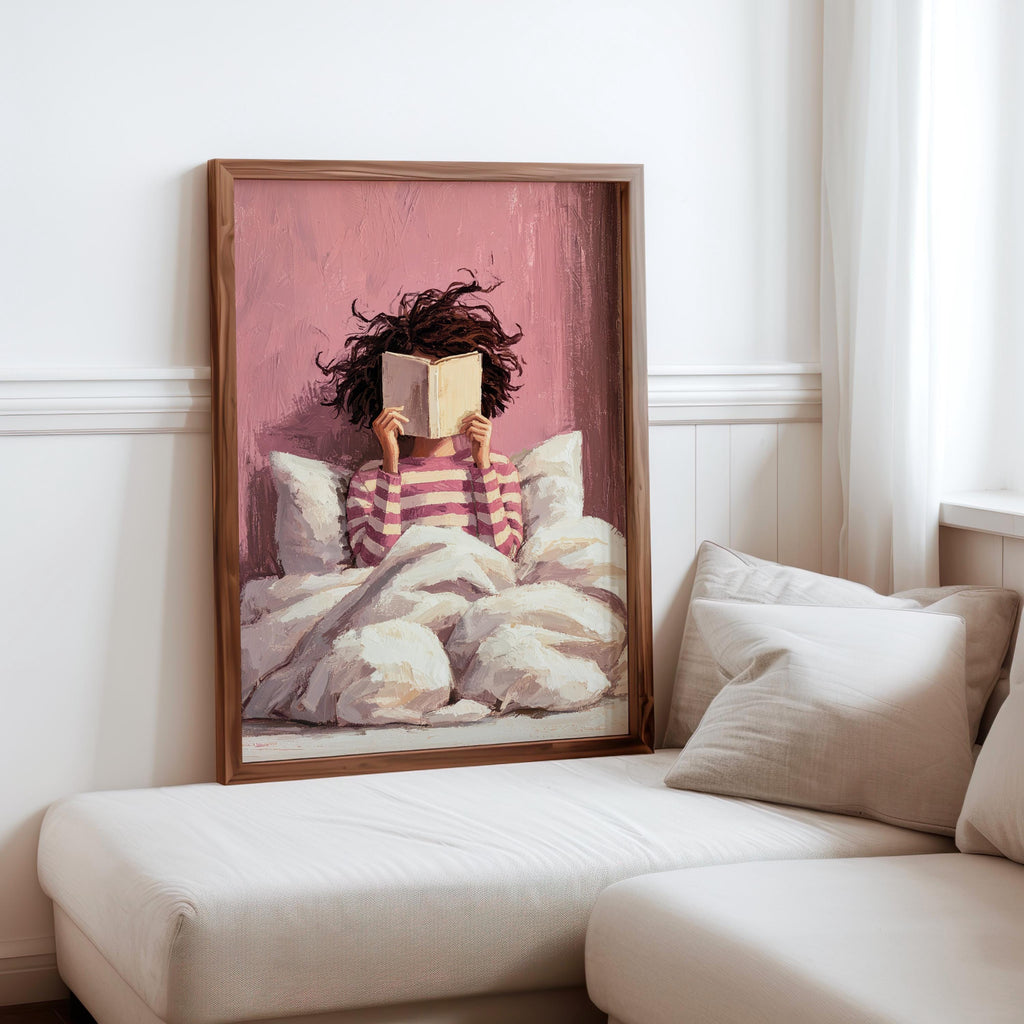 Girl Reading Book Print, Bookish Library Decor, Bold Striped Woman Wall Art, Bookworm Bedroom Illustration, Book Lover Naive Folk Art