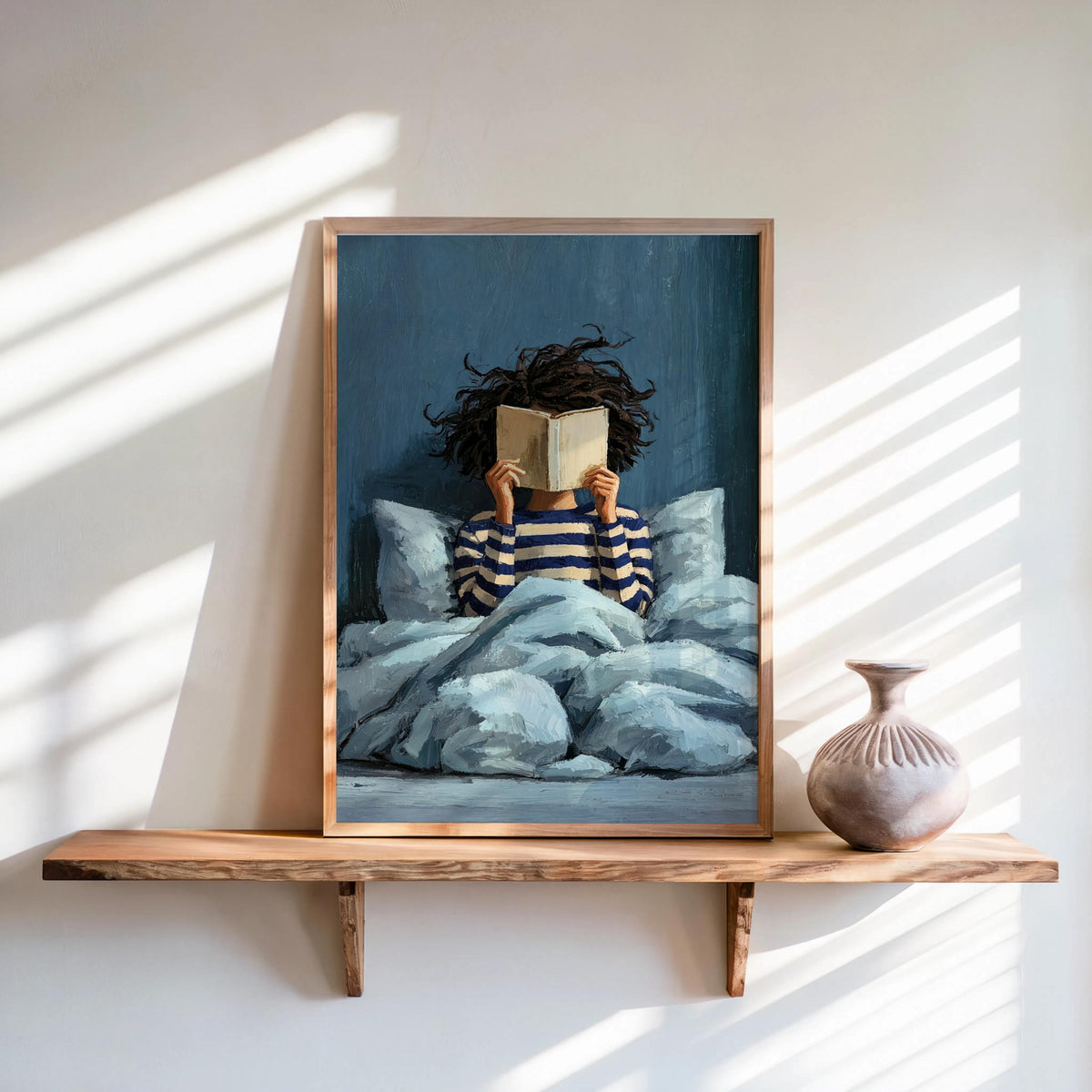 Girl Reading Book Print, Bookish Library Decor, Bold Striped Woman Wall Art, Bookworm Bedroom Illustration, Book Lover Naive Folk Art