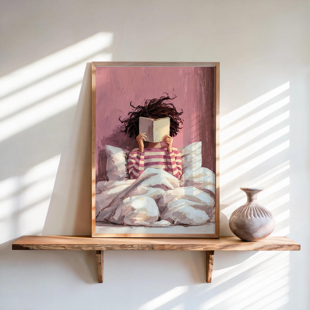 Girl Reading Book Print, Bookish Library Decor, Bold Striped Woman Wall Art, Bookworm Bedroom Illustration, Book Lover Naive Folk Art