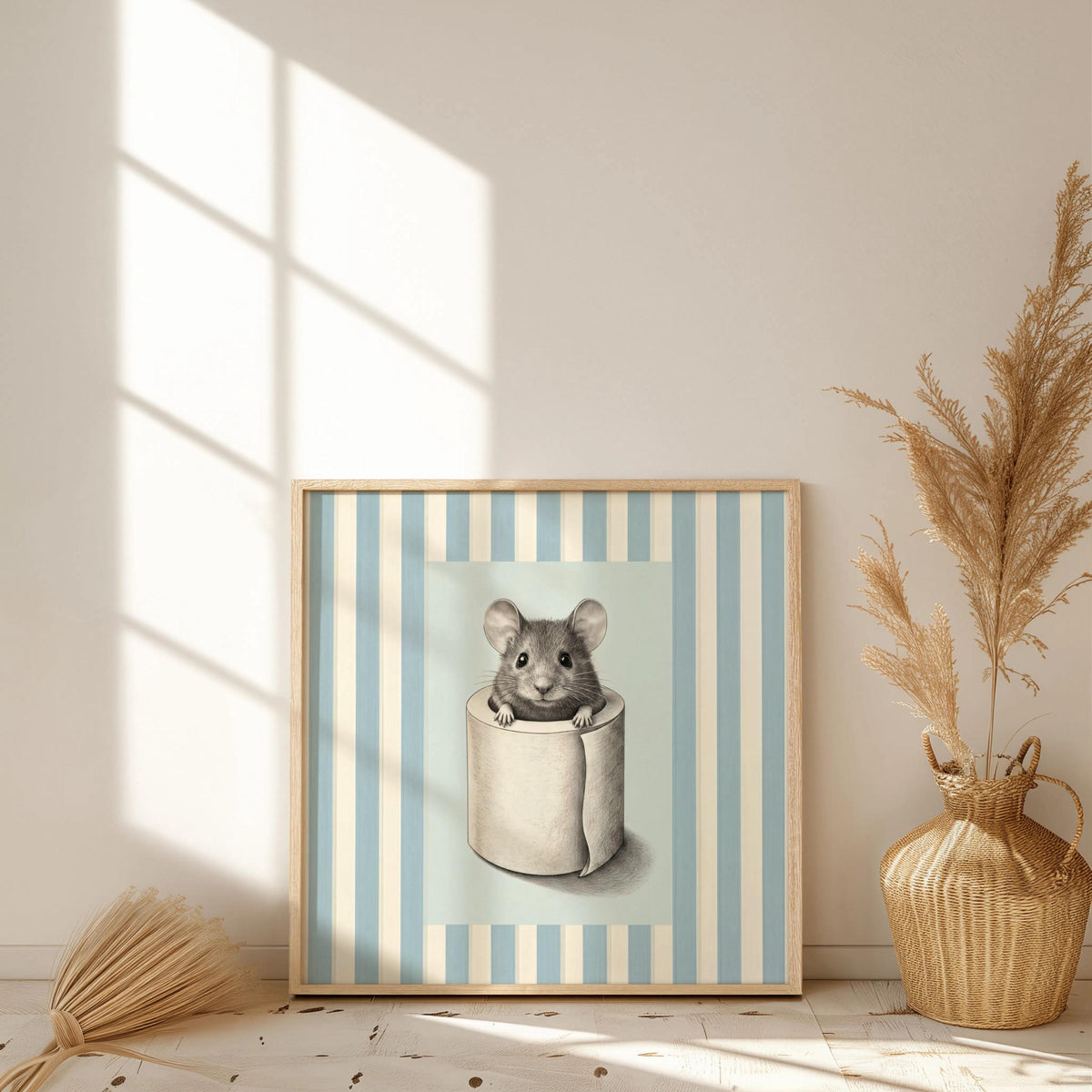 Funny Mouse in Toilet Paper Bathroom Wall Art, Quirky Restroom Decor, Cute Kids Loo Print, WC Housewarming Gift, Vintage Stripes Poster