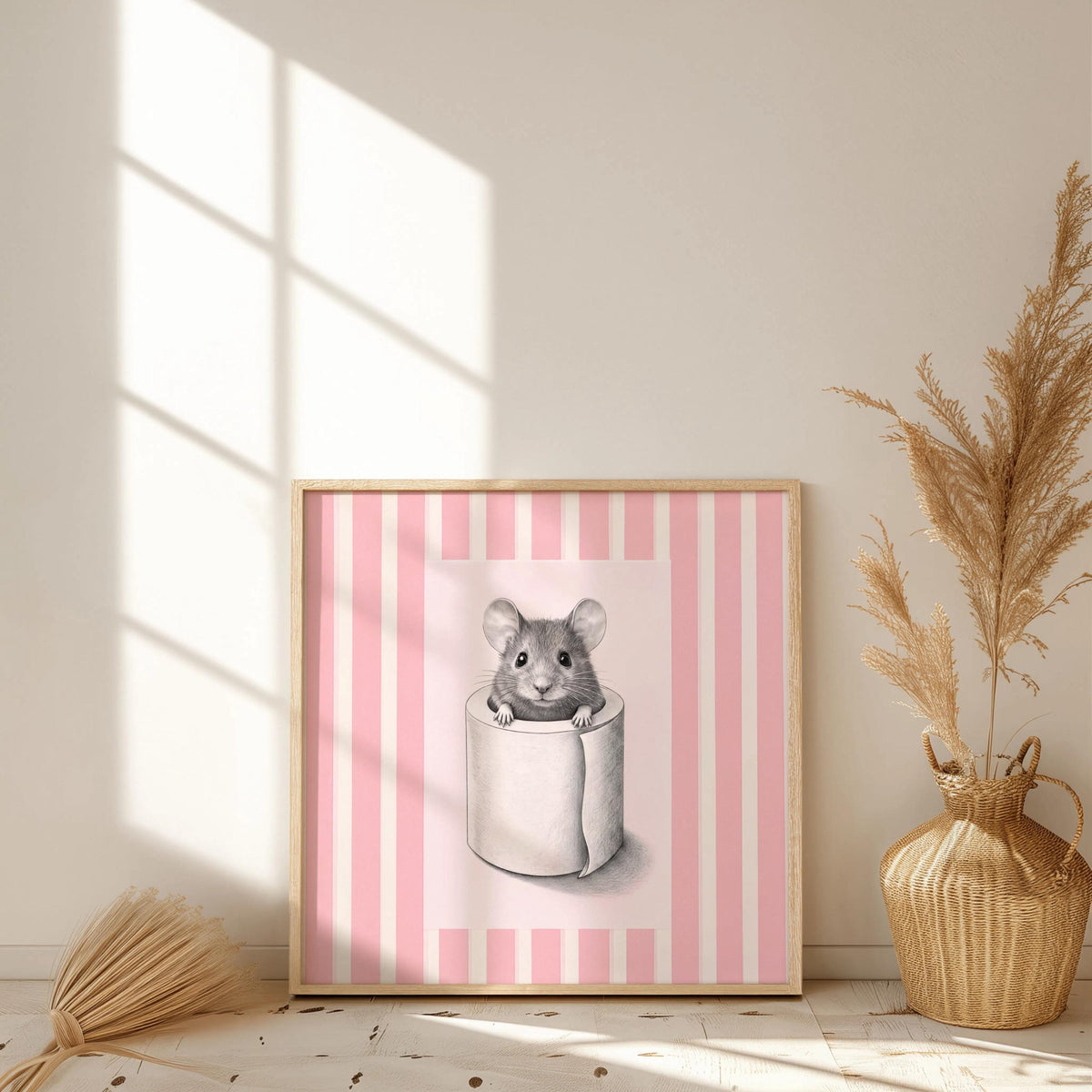 Funny Mouse in Toilet Paper Bathroom Wall Art, Quirky Restroom Decor, Cute Kids Loo Print, WC Housewarming Gift, Vintage Stripes Poster