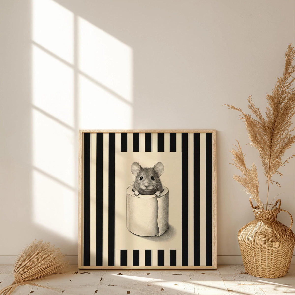 Funny Mouse in Toilet Paper Bathroom Wall Art, Quirky Restroom Decor, Cute Kids Loo Print, WC Housewarming Gift, Vintage Stripes Poster