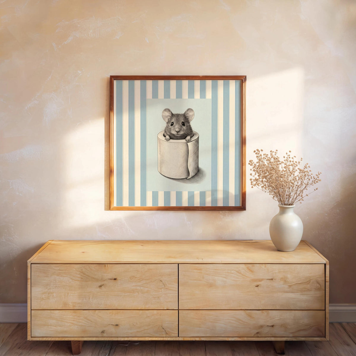 Funny Mouse in Toilet Paper Bathroom Wall Art, Quirky Restroom Decor, Cute Kids Loo Print, WC Housewarming Gift, Vintage Stripes Poster