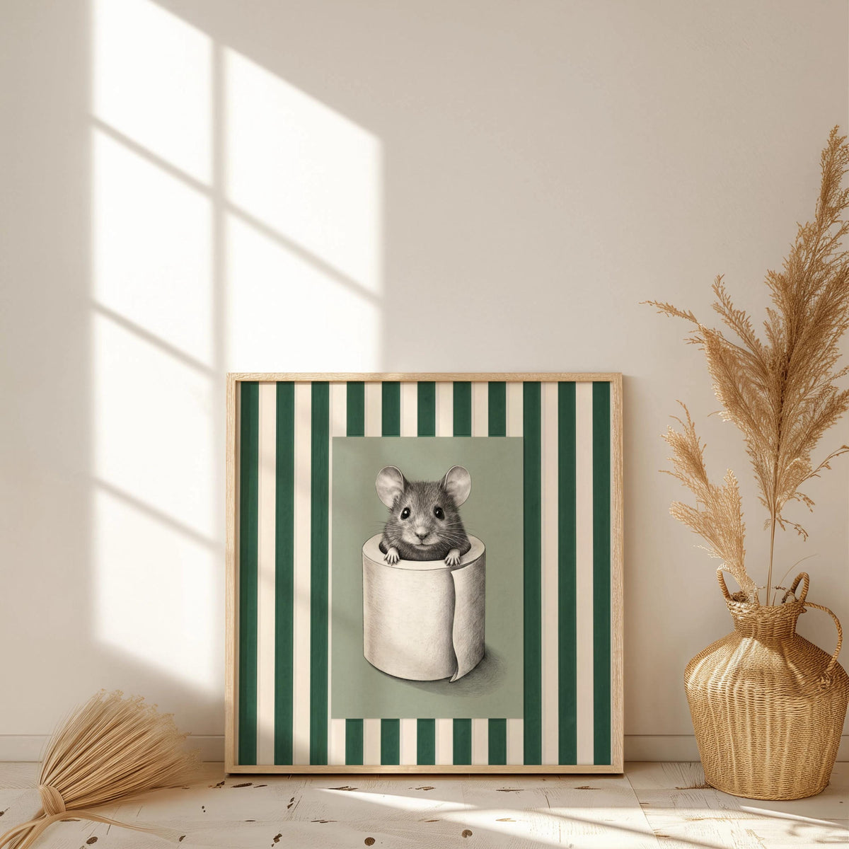 Funny Mouse in Toilet Paper Bathroom Wall Art, Quirky Restroom Decor, Cute Kids Loo Print, WC Housewarming Gift, Vintage Stripes Poster