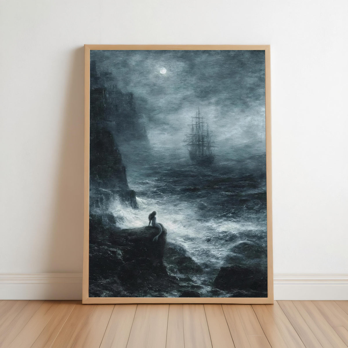Siren Painting, Dark Mermaid Fantasy Art, Pirate Ship Print, Goth Gift, Nautical Mythology Art, Moonlit Sea Wall Decor, Moody Artwork