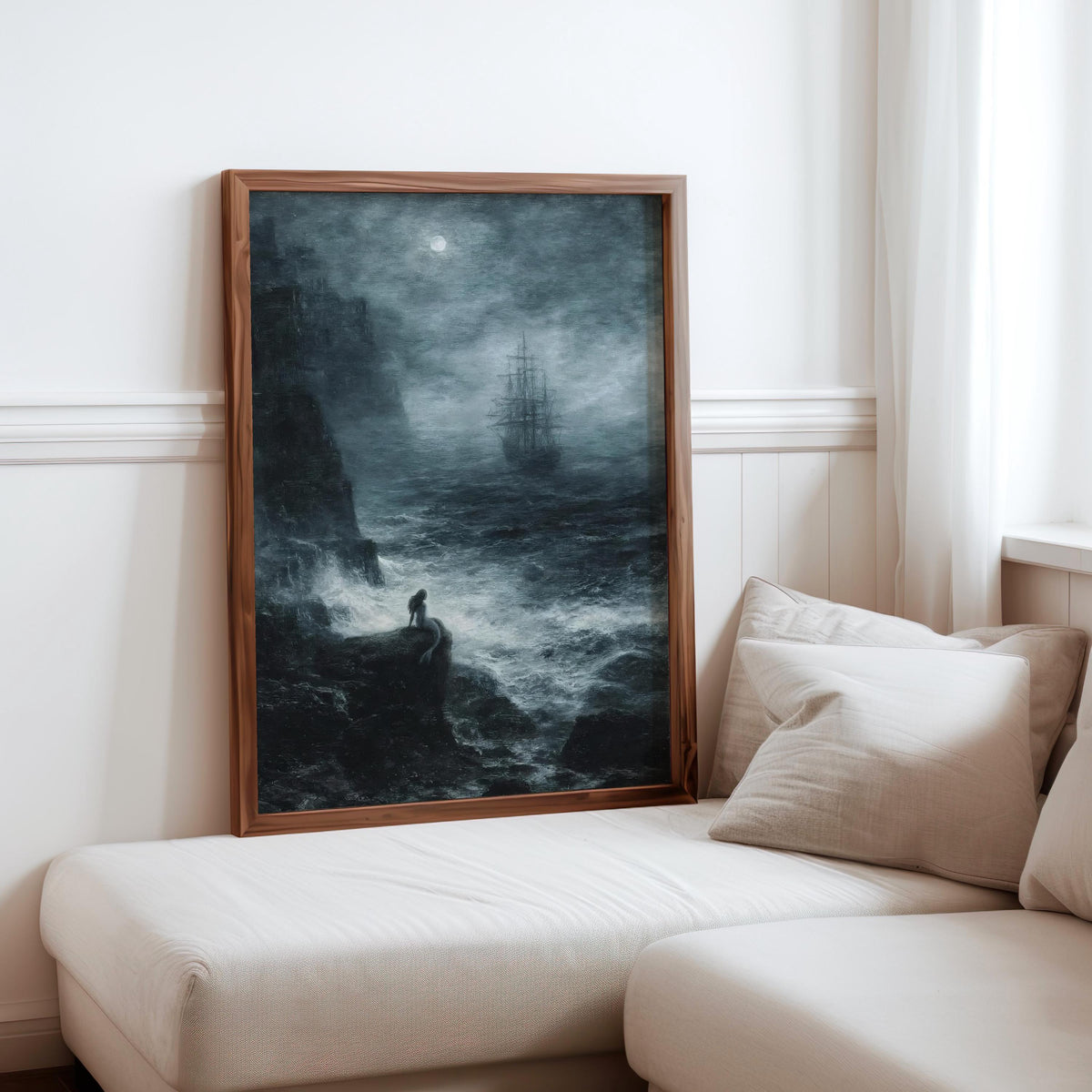 Siren Painting, Dark Mermaid Fantasy Art, Pirate Ship Print, Goth Gift, Nautical Mythology Art, Moonlit Sea Wall Decor, Moody Artwork