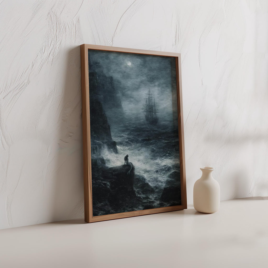 Siren Painting, Dark Mermaid Fantasy Art, Pirate Ship Print, Goth Gift, Nautical Mythology Art, Moonlit Sea Wall Decor, Moody Artwork