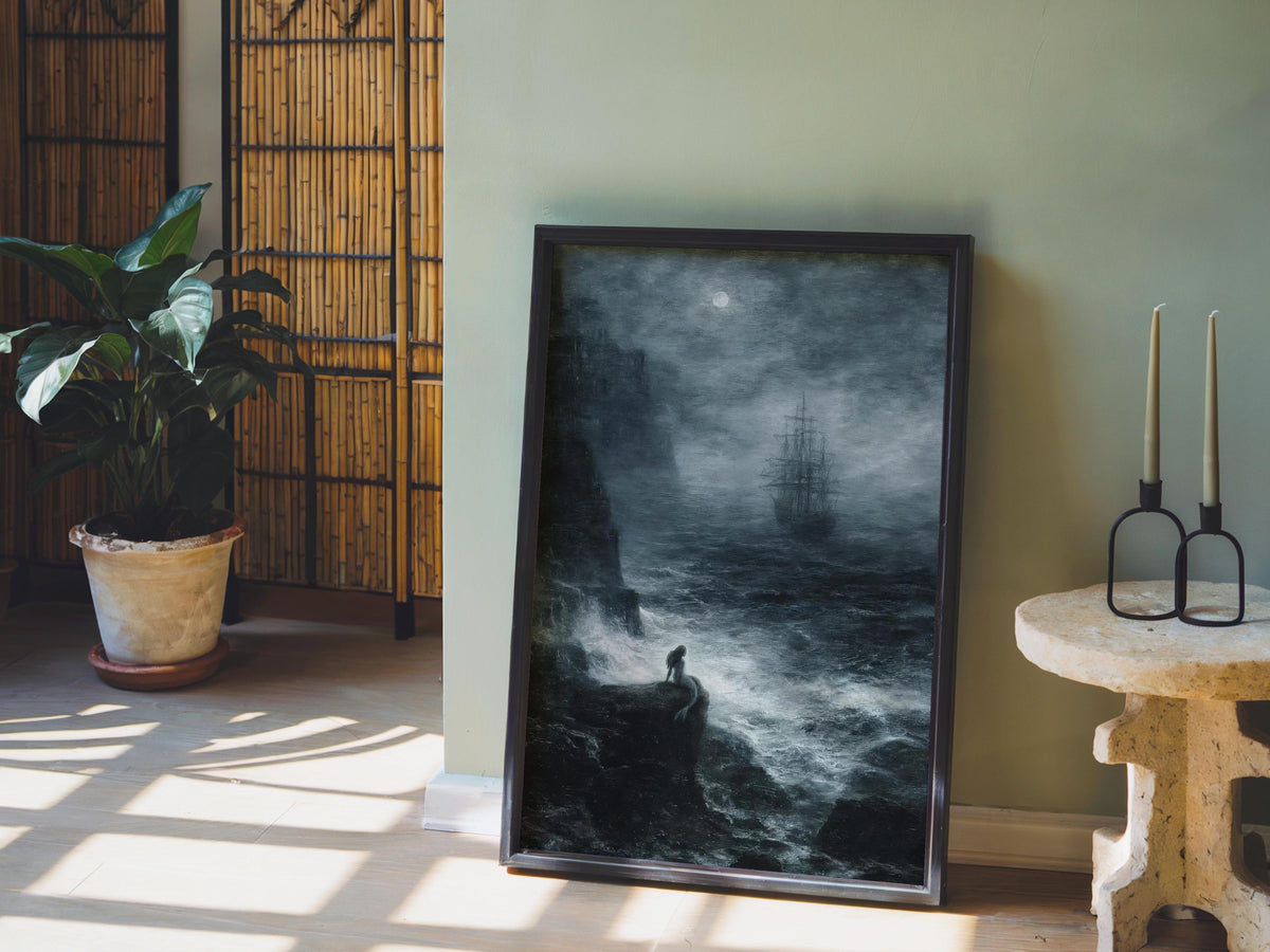 Siren Painting, Dark Mermaid Fantasy Art, Pirate Ship Print, Goth Gift, Nautical Mythology Art, Moonlit Sea Wall Decor, Moody Artwork