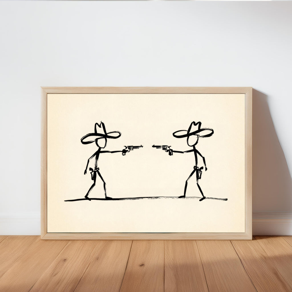 Cowboy Duel Wall Art, Minimalist Western Gunslinger Sketch, Modern Abstract Ranch Decor, Wild West Stick Figures, Southwest Country Print