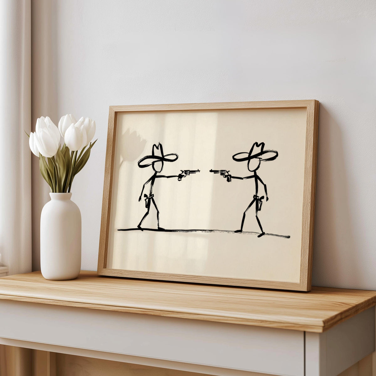 Cowboy Duel Wall Art, Minimalist Western Gunslinger Sketch, Modern Abstract Ranch Decor, Wild West Stick Figures, Southwest Country Print