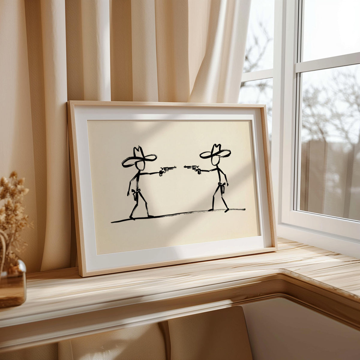 Cowboy Duel Wall Art, Minimalist Western Gunslinger Sketch, Modern Abstract Ranch Decor, Wild West Stick Figures, Southwest Country Print