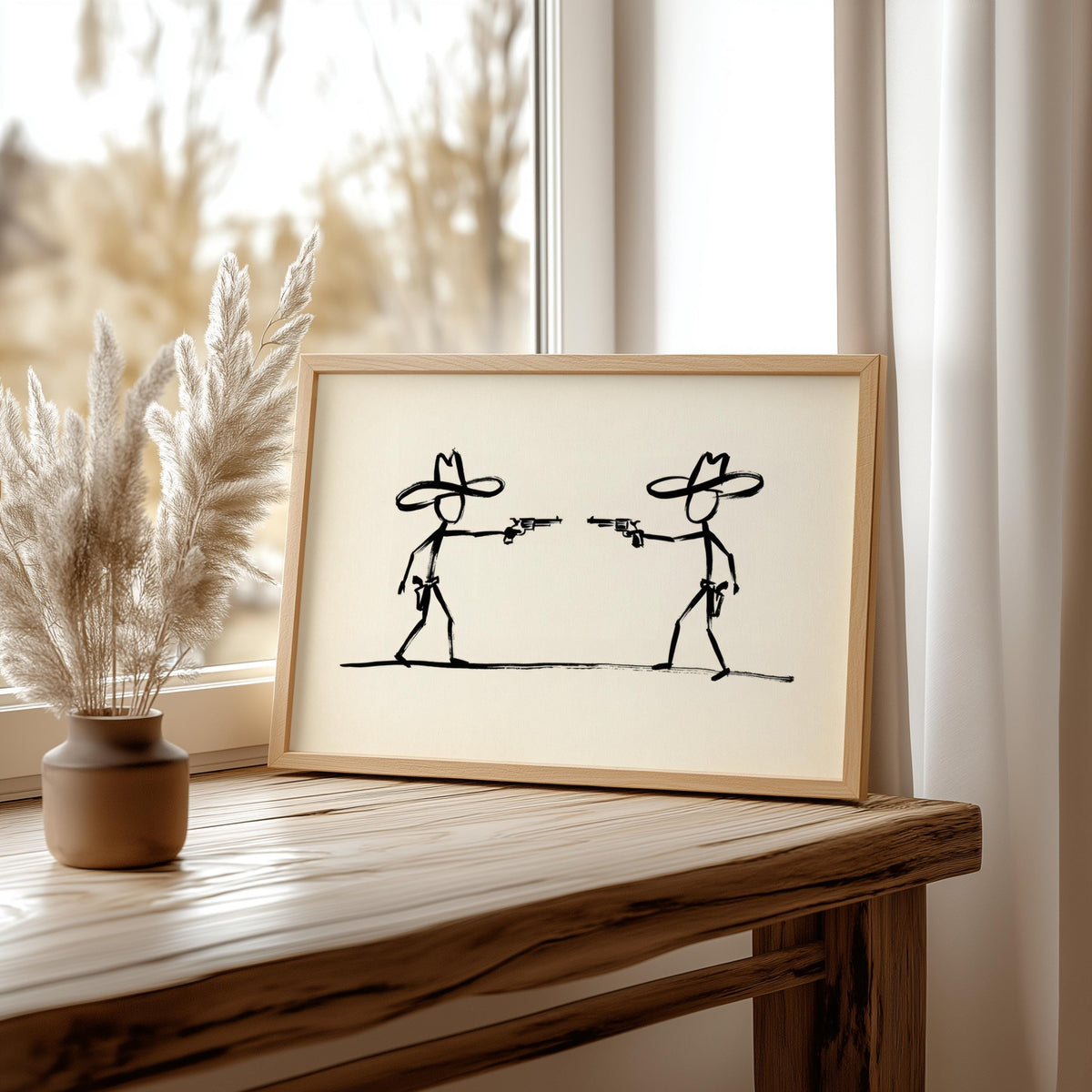 Cowboy Duel Wall Art, Minimalist Western Gunslinger Sketch, Modern Abstract Ranch Decor, Wild West Stick Figures, Southwest Country Print