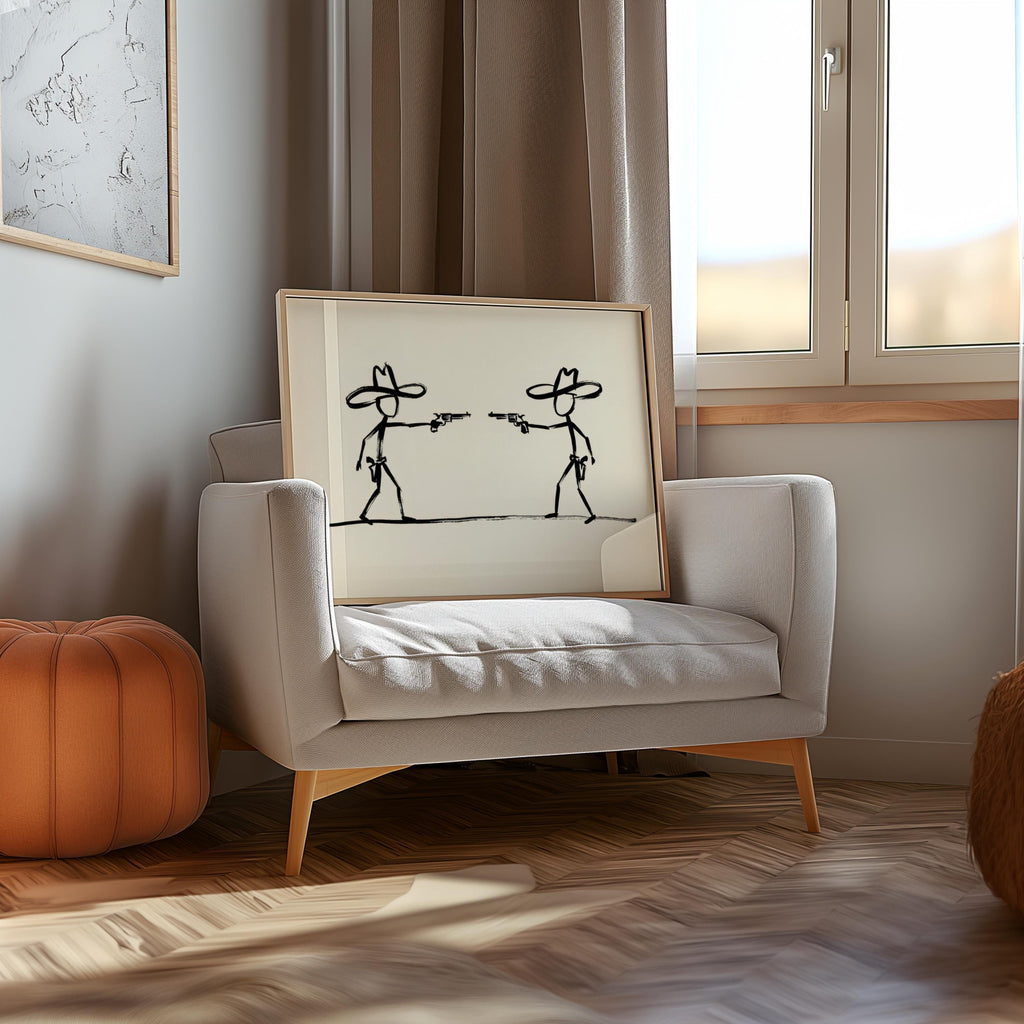 Cowboy Duel Wall Art, Minimalist Western Gunslinger Sketch, Modern Abstract Ranch Decor, Wild West Stick Figures, Southwest Country Print