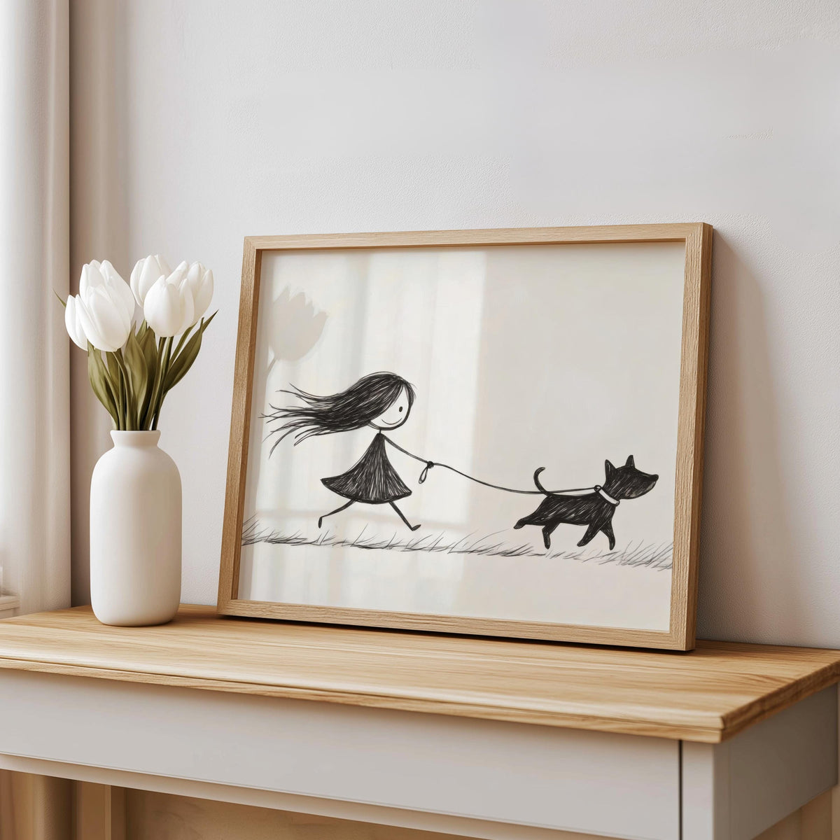 Girl Walking Dog Line Art, Modern Minimalist Drawing Print, Cute Pet Poster, Animal Lover Wall Art, Black and White Sketch, Children's Decor