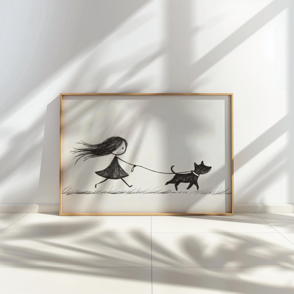 Girl Walking Dog Line Art, Modern Minimalist Drawing Print, Cute Pet Poster, Animal Lover Wall Art, Black and White Sketch, Children's Decor