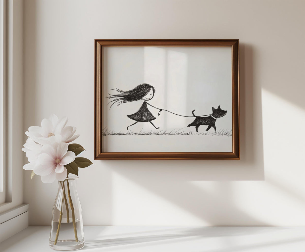 Girl Walking Dog Line Art, Modern Minimalist Drawing Print, Cute Pet Poster, Animal Lover Wall Art, Black and White Sketch, Children's Decor